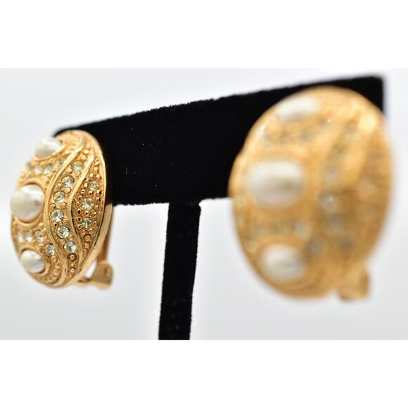 Christian Dior Vintage Clip On Earrings Rhinestone Crystal Pearl Gold Signed 9I - Picture 3 of 12